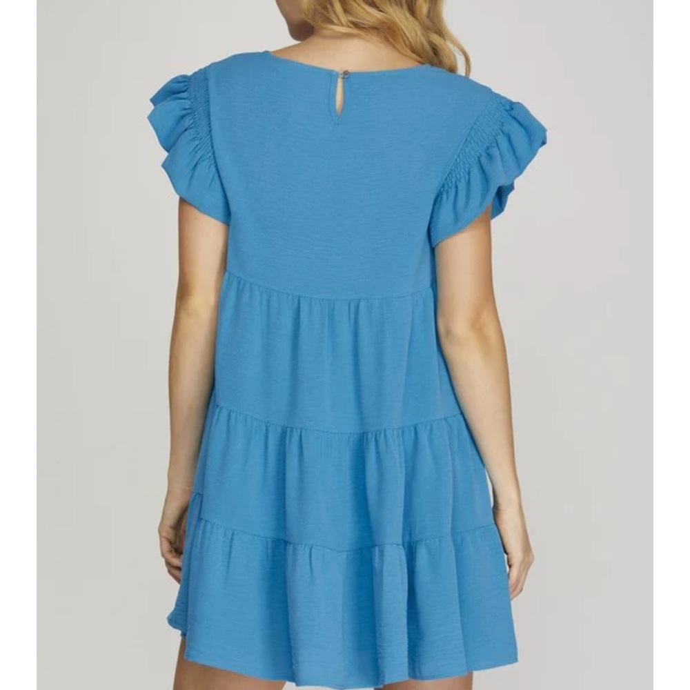 She and Sky Azure Ruffle Mini Dress